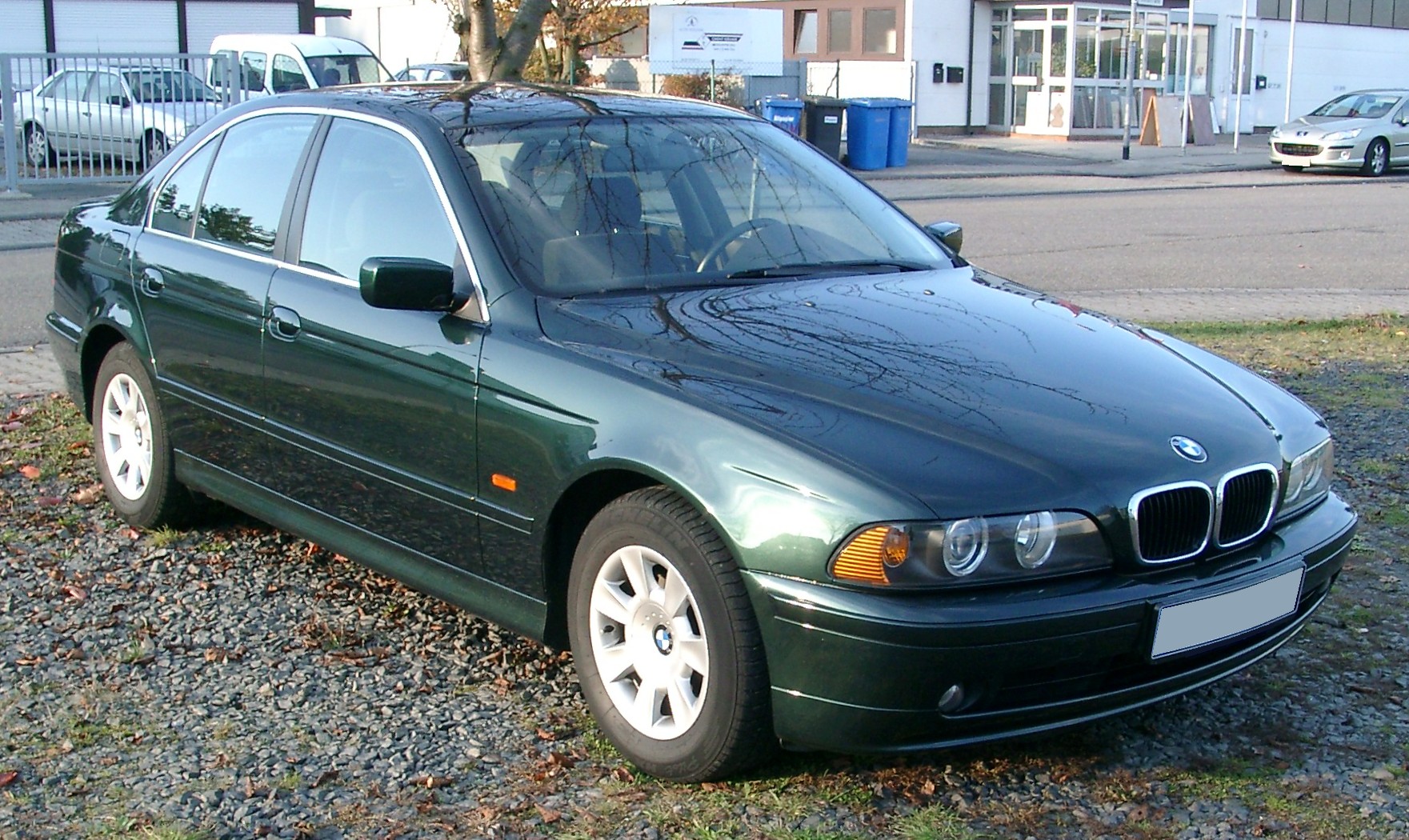 Grüner BMW 5er der Baureihe E39 von vorn, die beiden Rundscheinwerfer je Seite liegen hinter einer gemeinsamen Abdeckscheibe