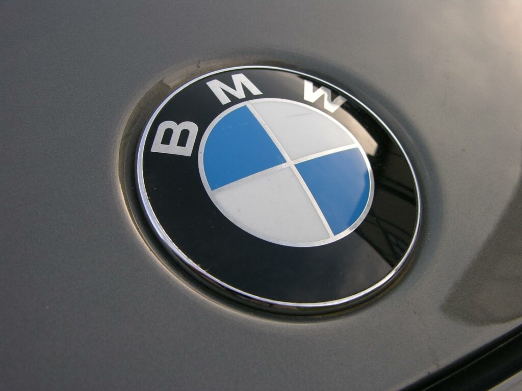 Nahaufnahme eines BMW-Emblems auf silbernem Lack