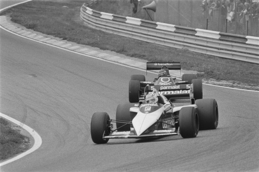 Nelson Piquet im Brabham-BMW BT52 vor Alain Prost, Grosser Preis der Niederlande 1983